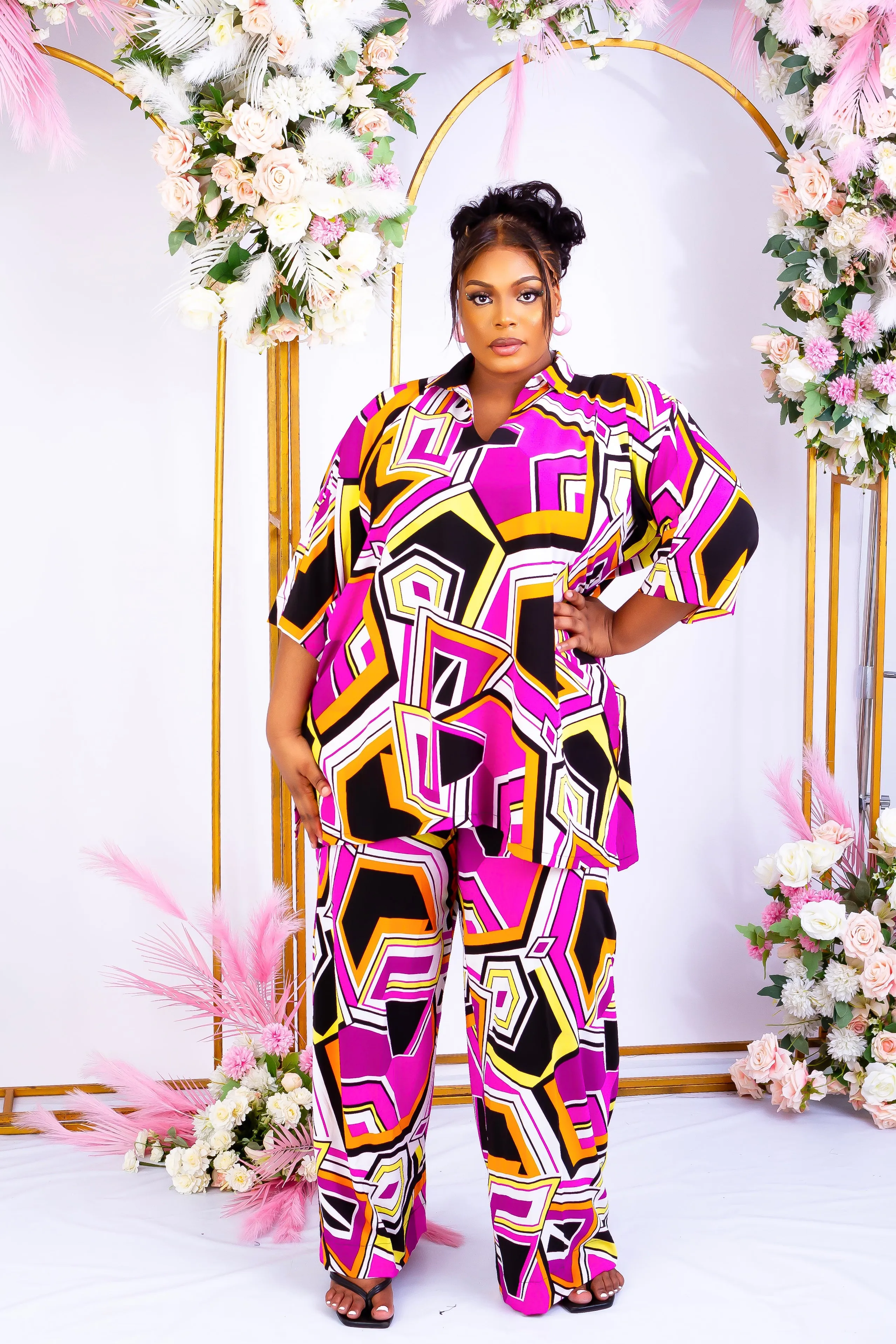 2 Pcs African Print Crepe Kaftan Blouse and Trouser Set - Keffi