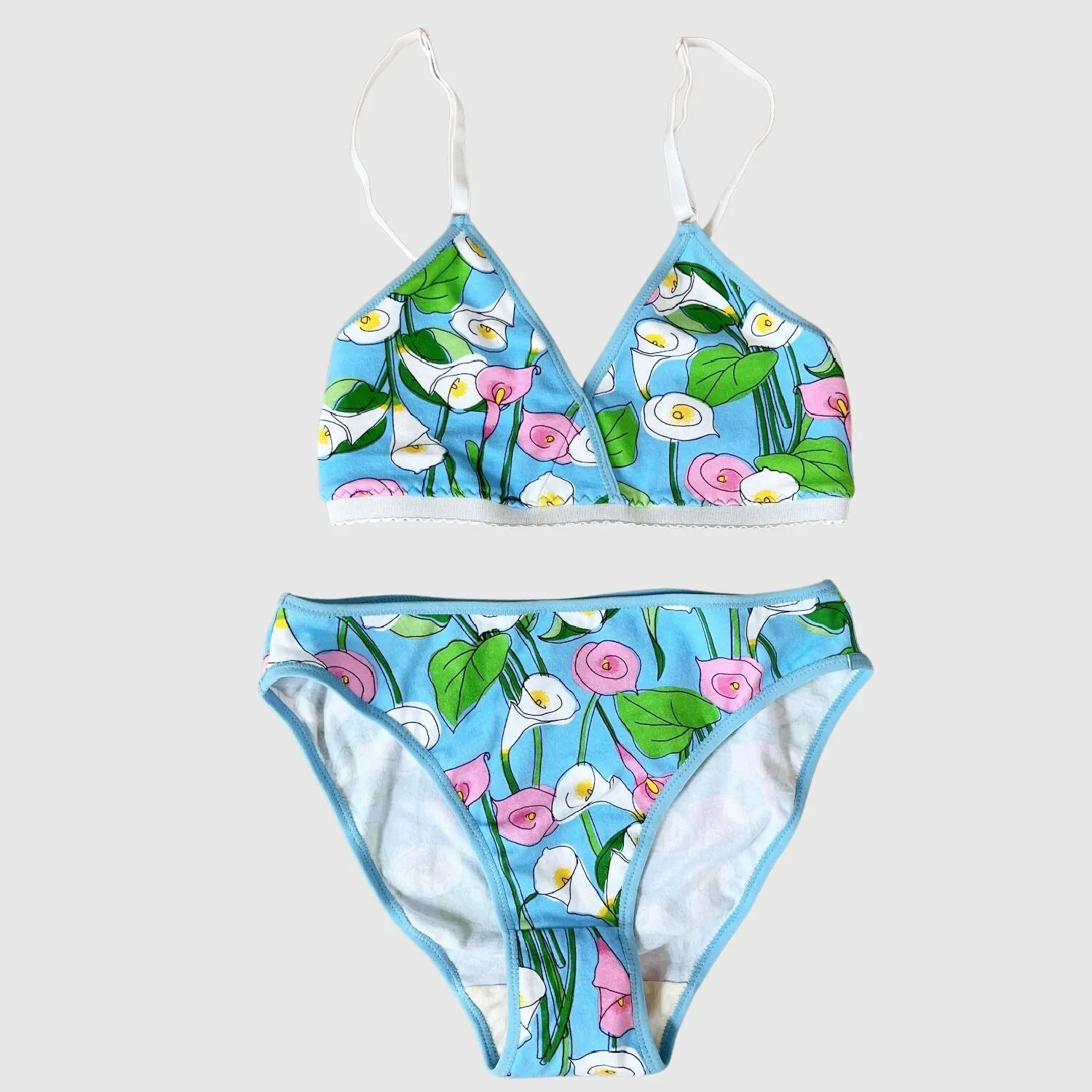 Aqua Blue floral lingerie set - organic cotton bra and brief