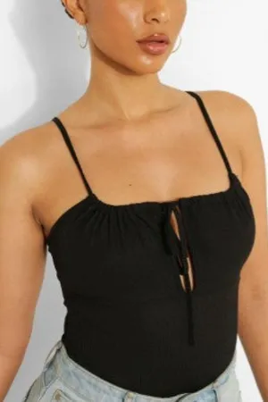 Black Ruched Detail Strappy Bodysuit