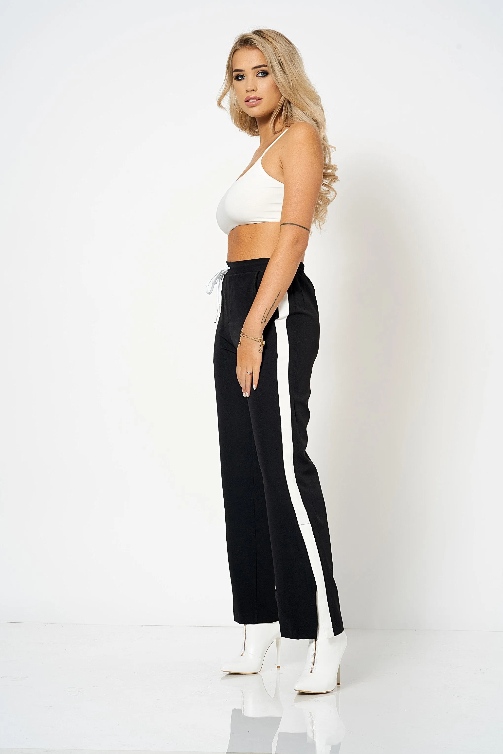 Black Side Strip Split Wide Leg Trousers