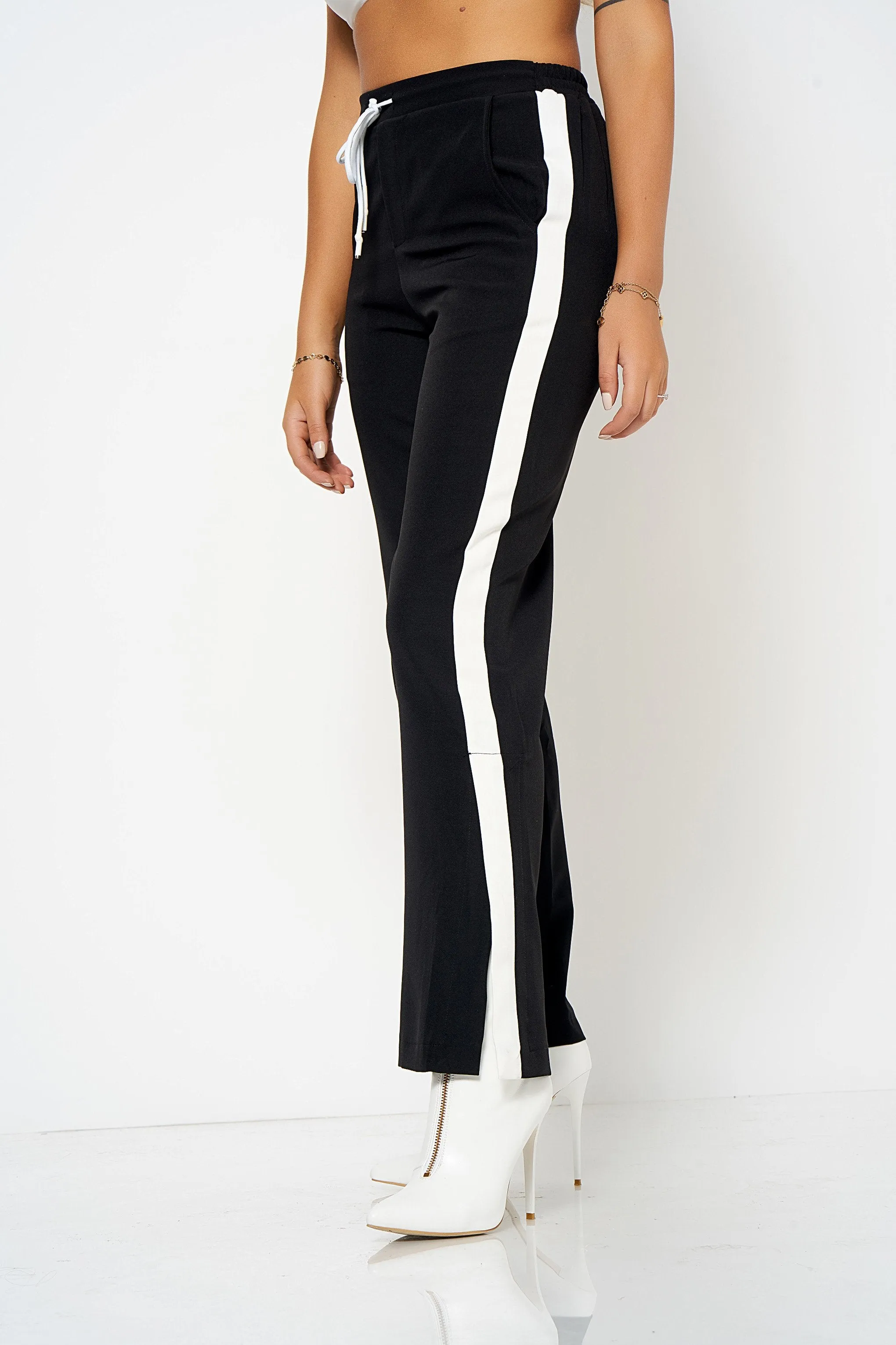 Black Side Strip Split Wide Leg Trousers