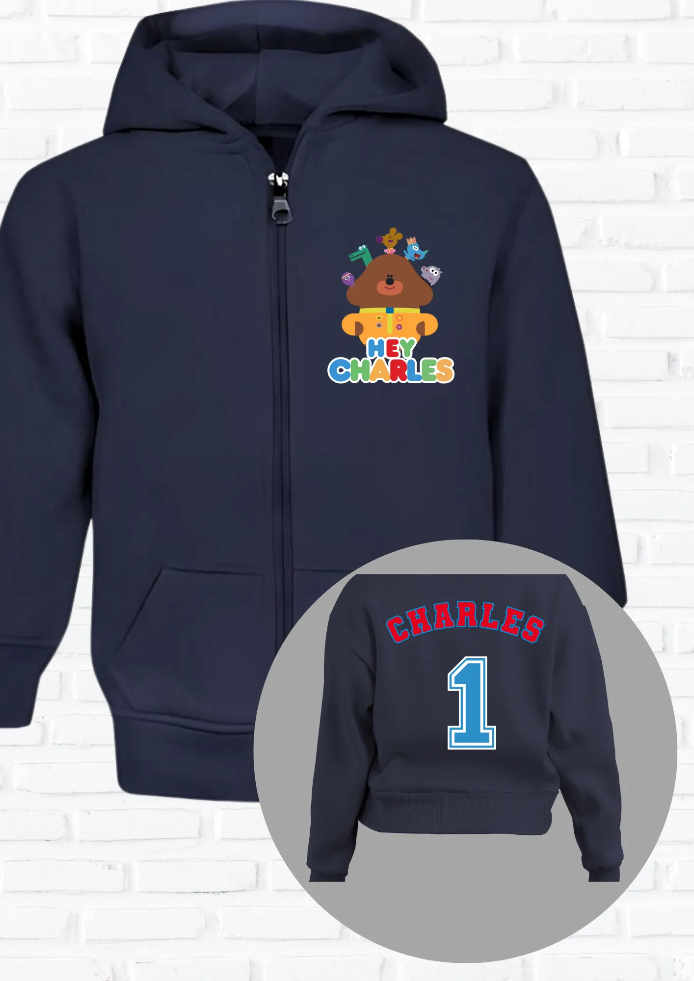 Boys' Custom Hoodie: Personalised Hey Duggee and the Squirrels Zip Hoodie with Back Print