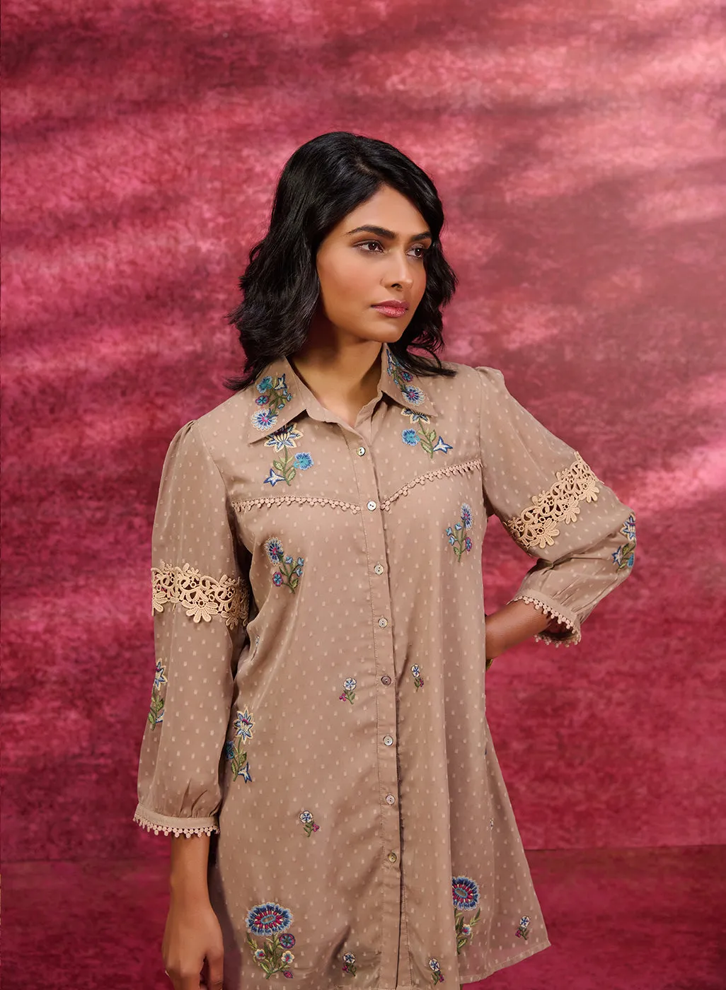 Breeze Taupe Embroidered Georgette Shirt for Women