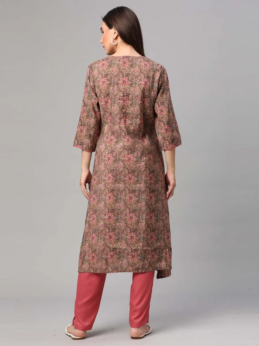 Brown Floral Kurta Trouser Dupatta