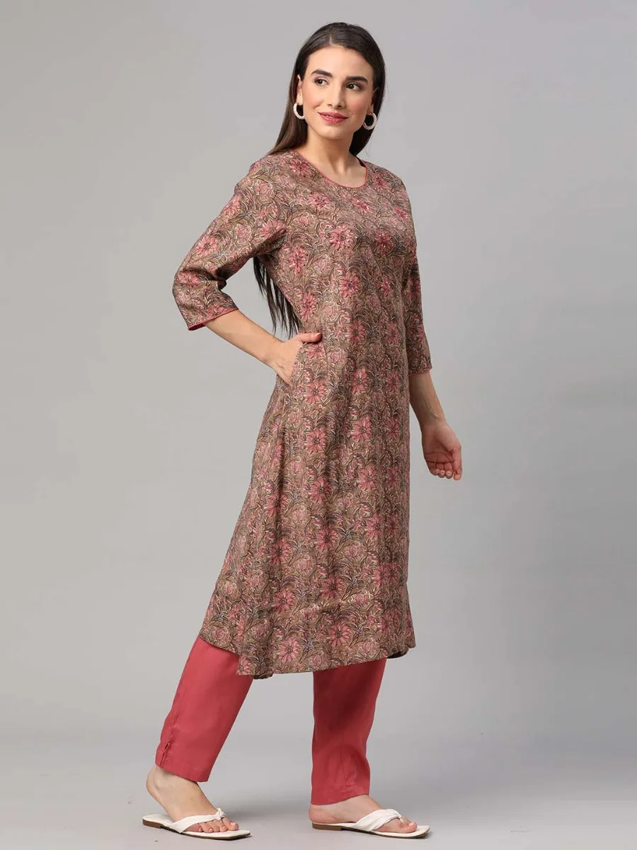 Brown Floral Kurta Trouser Dupatta