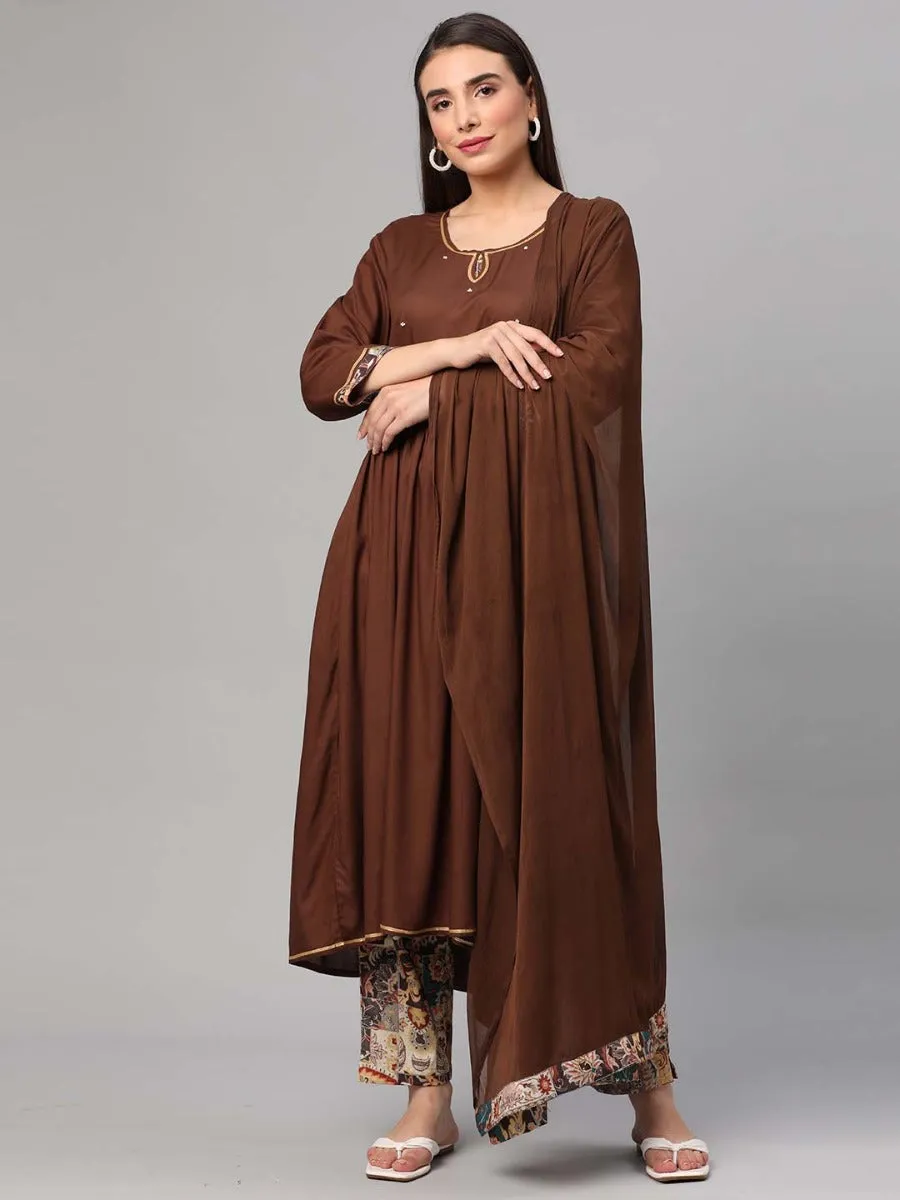 Brown Floral Printed Kurta Trouser Dupatta