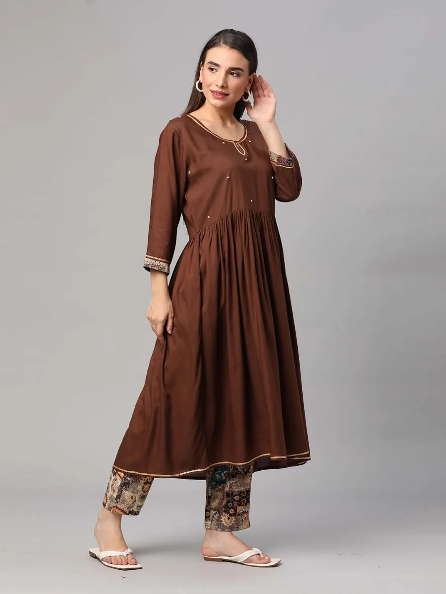 Brown Floral Printed Kurta Trouser Dupatta