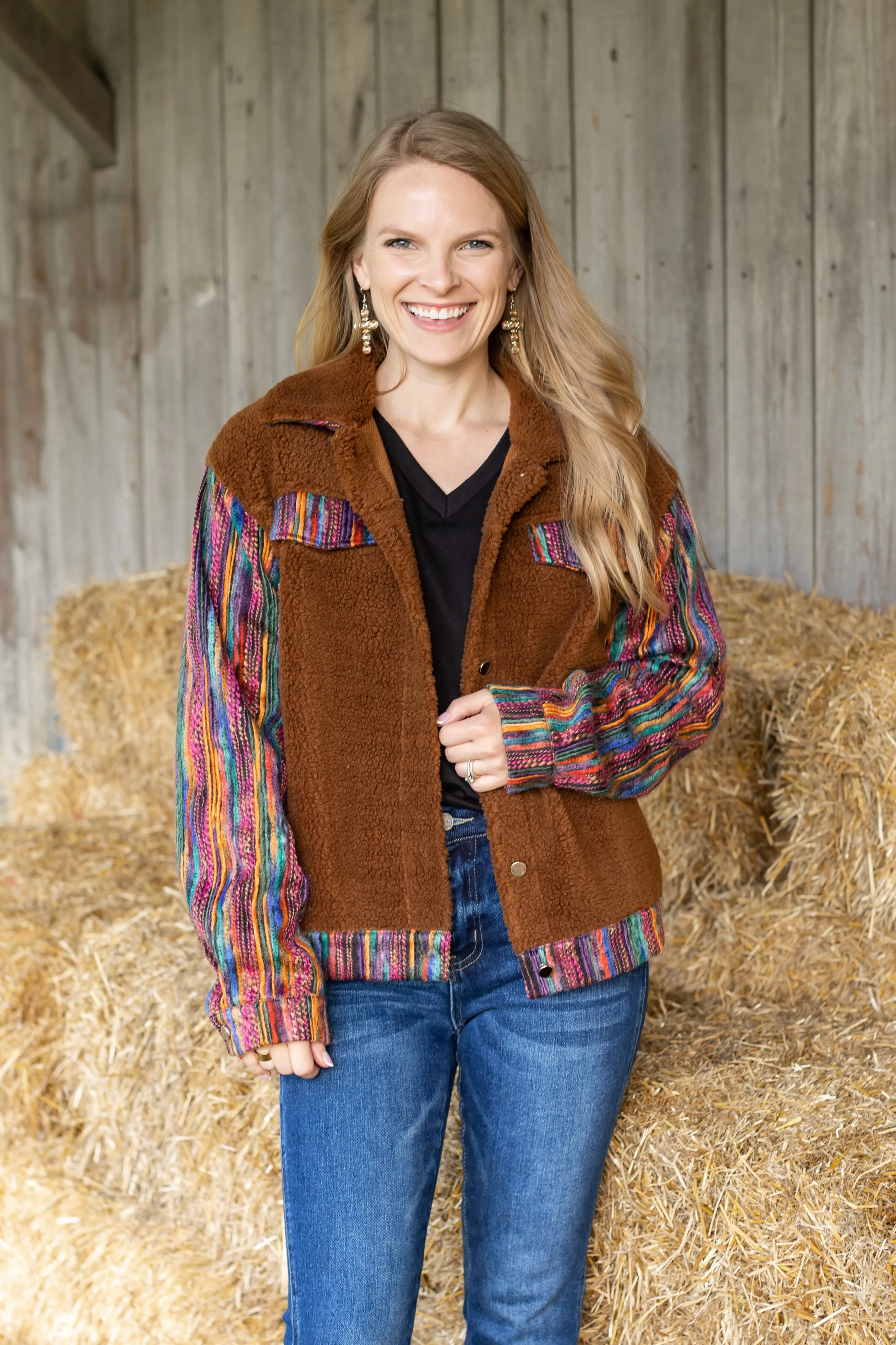 Brown Sherpa with Multi-Colored Sleeves