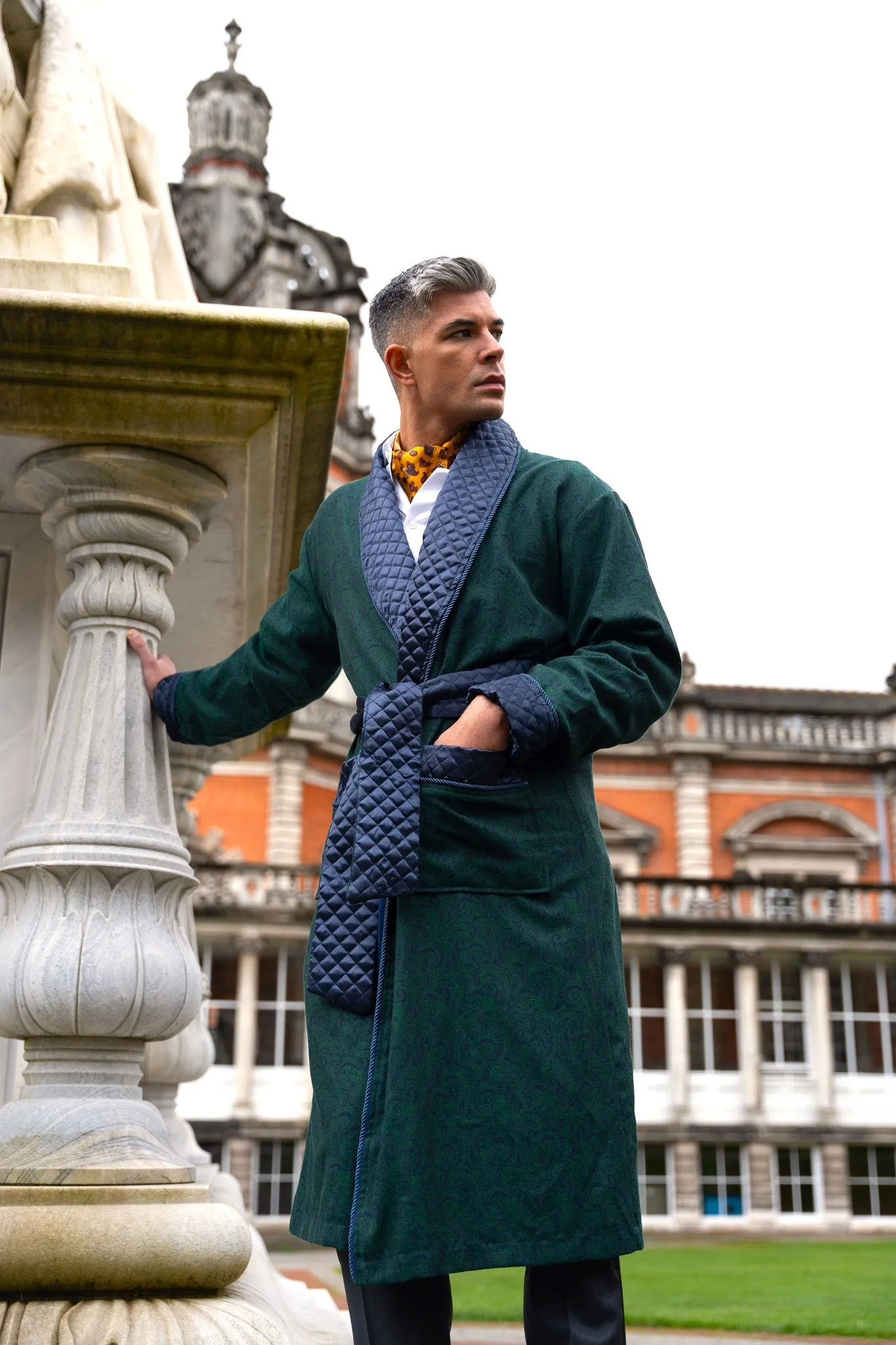 Connaught Long Velvet Smoking Jacket Robe in Green