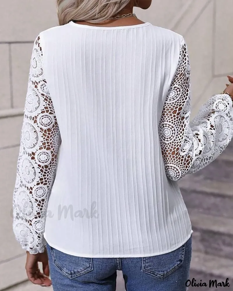 Deanwangkt - Chic V-Neck Long Sleeve Top with Elegant Lace Detailing