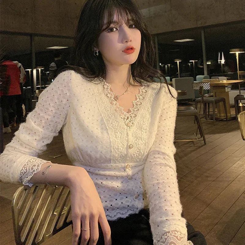 deanwangkt Lace V-Neck Blouse Women  Spring Long Sleeve Party Sexy Base Shirt Female Korea Style Elegant Office Lady Slim Tops