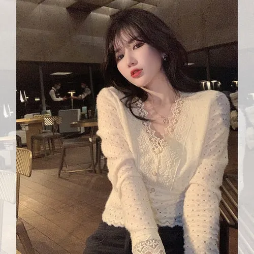 deanwangkt Lace V-Neck Blouse Women  Spring Long Sleeve Party Sexy Base Shirt Female Korea Style Elegant Office Lady Slim Tops