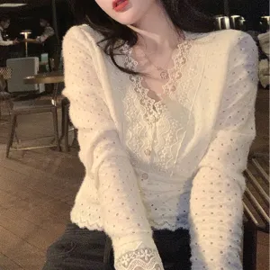 deanwangkt Lace V-Neck Blouse Women  Spring Long Sleeve Party Sexy Base Shirt Female Korea Style Elegant Office Lady Slim Tops