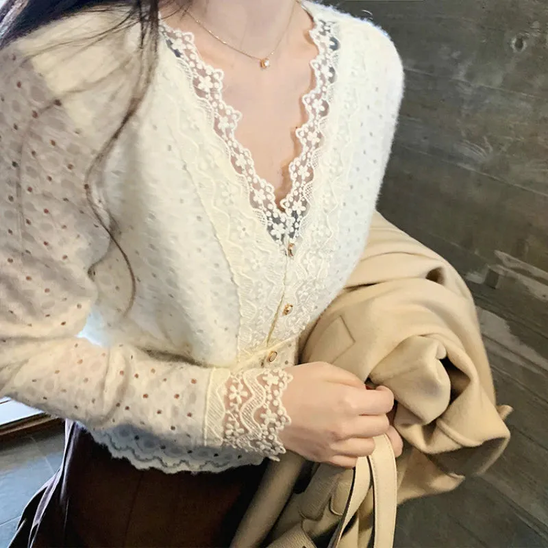 deanwangkt Lace V-Neck Blouse Women  Spring Long Sleeve Party Sexy Base Shirt Female Korea Style Elegant Office Lady Slim Tops