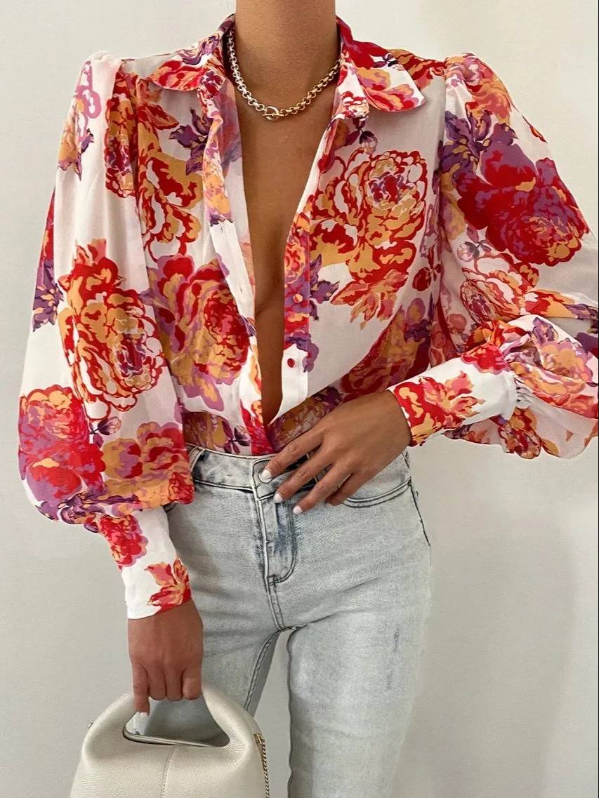 deanwangkt Spring Fashion Shirt Women's Blouses Elegant V-neck Print Puff Sleeve Office Shirts Female Summer New Formal Ladies Top