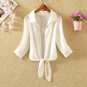 deanwangkt Summer Beach Shirts Sunscreen Chiffon Long Sleeve Cardigan Blouse White Shirt Elegant Women Blouses Bow Blusas 19869