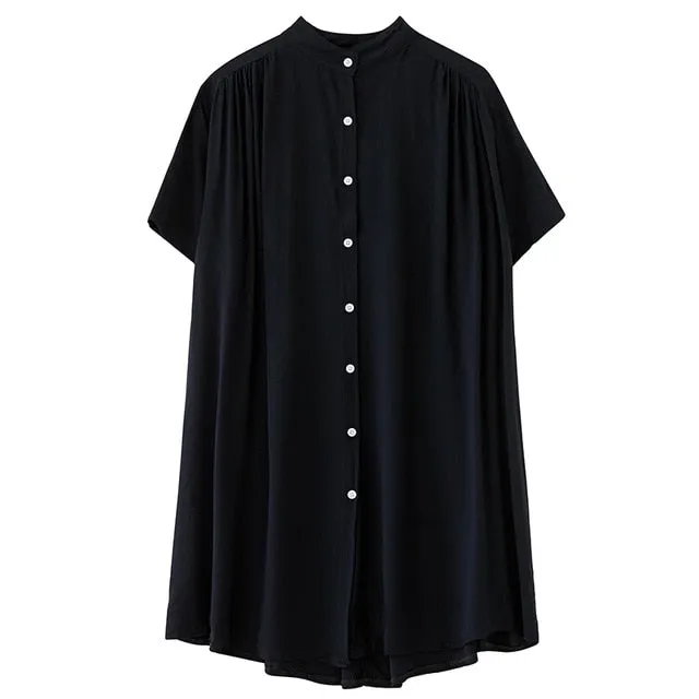 DIMANAF Summer Plus Size Blouse Shirts Women Clothing Lady Tops Tunic Cotton Casual Loose Pleated Button Cardigan Solid Black