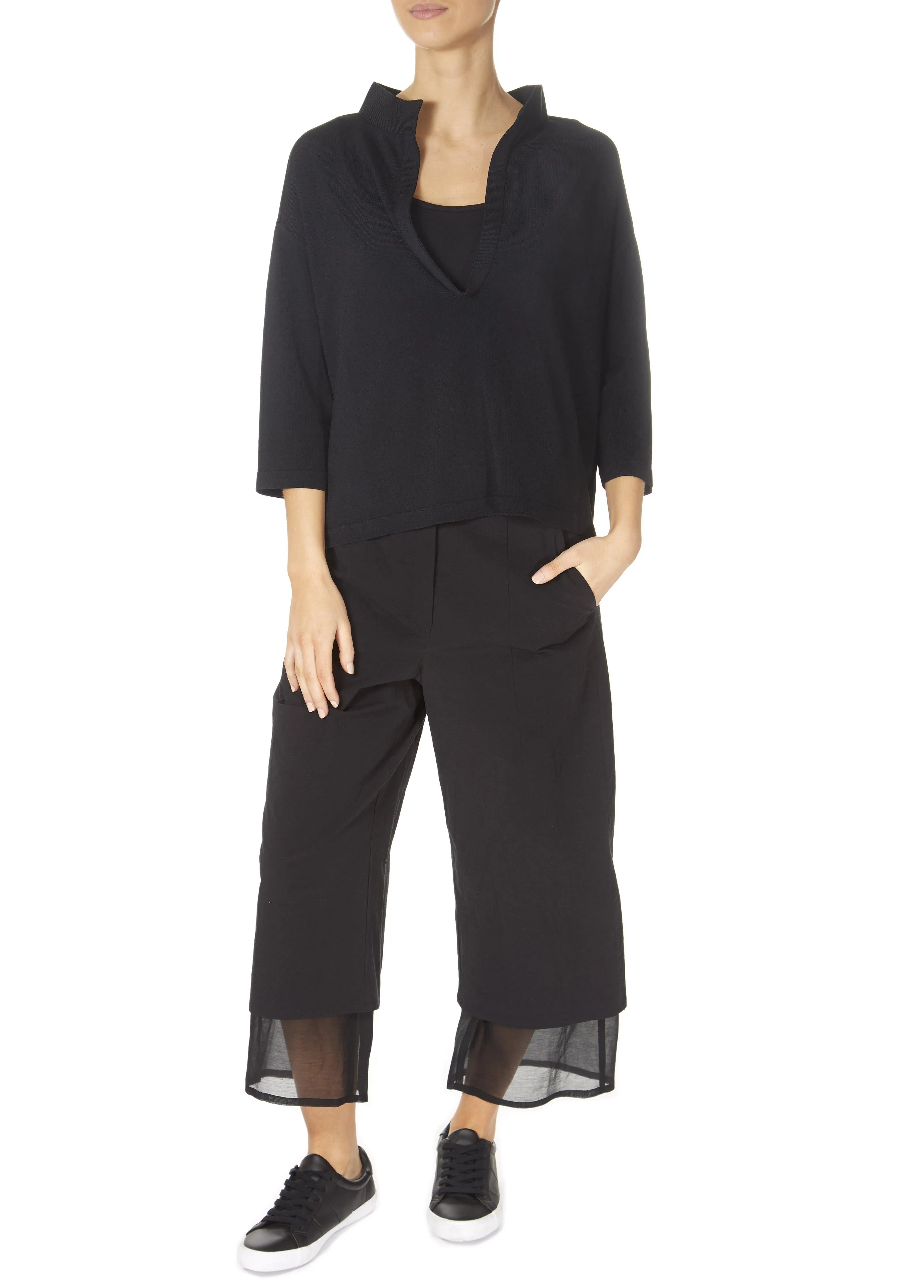 'Even' Cropped Black Chiffon Hem Wide Leg Trousers