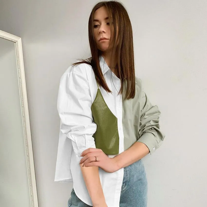 Fashion contrast color commuter shirt women's stitching PU leather fake two long-sleeved loose shirts