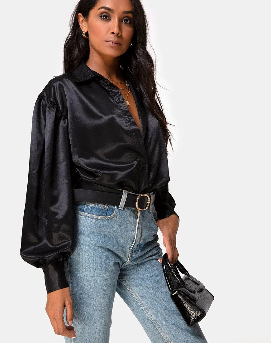 Frantic Longsleeve Blouse in Satin Black