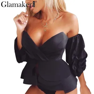 Glamaker Sexy off shoulder ruffle blouse shirt Fitness elegant  backless blouse blusas Spring slim beach women tops