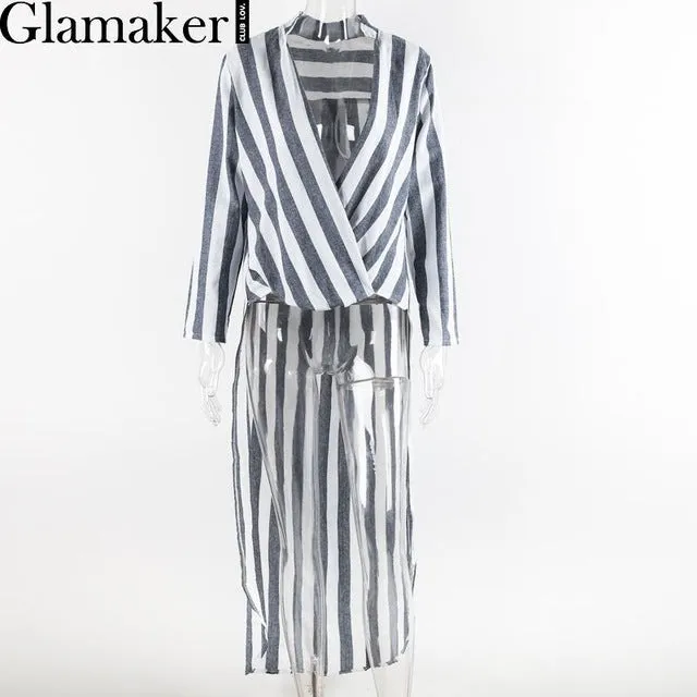 Glamaker Swallowtail striped women blouse shirt 2016 Autumn long sleeve deep v neck loose casual blouse blusas Party sexy tops