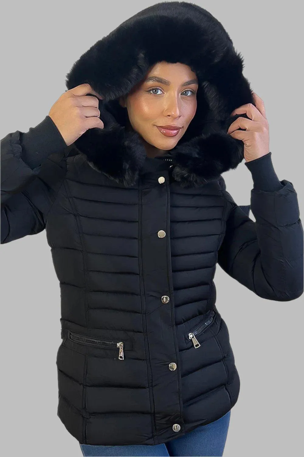 Horizontal Zip Pockets Faux Fur Hooded Jacket