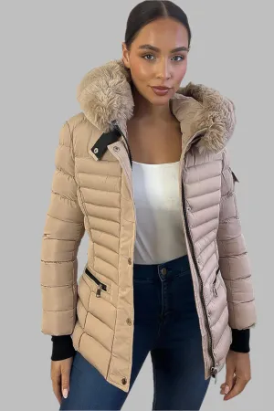 Horizontal Zip Pockets Faux Fur Hooded Jacket