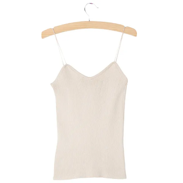 Hot Knit Tank Tops Women Camisole Vest Simple Stretchable V Neck Slim Sexy Straps Tank-448E