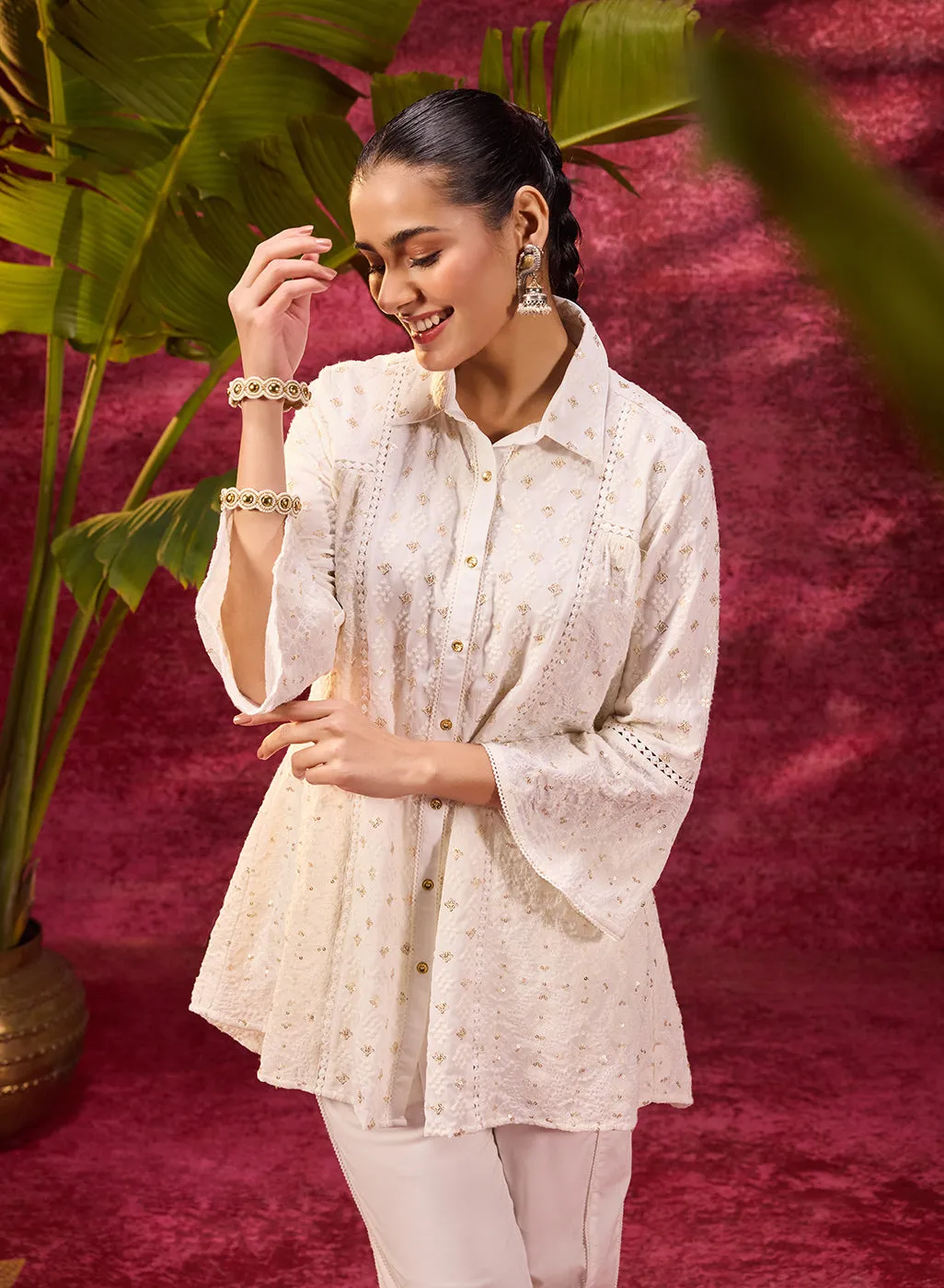 Jhalak Ivory Embroidered Georgette Shirt for Women