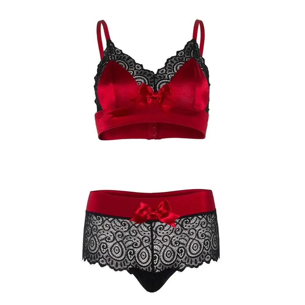 Leg Avenue Lace Satin Spandex Bralette and Boyshort with Adjustable Straps