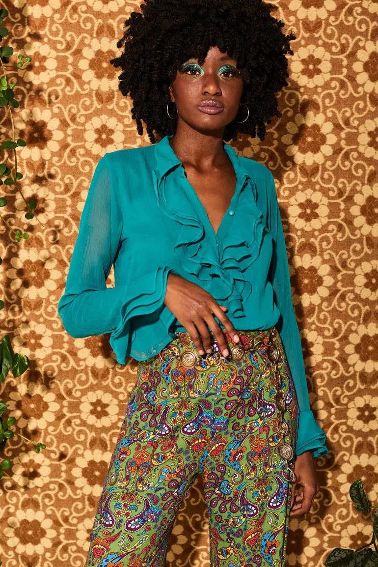 Let The Good Times Roll Teal Ruffle Blouse