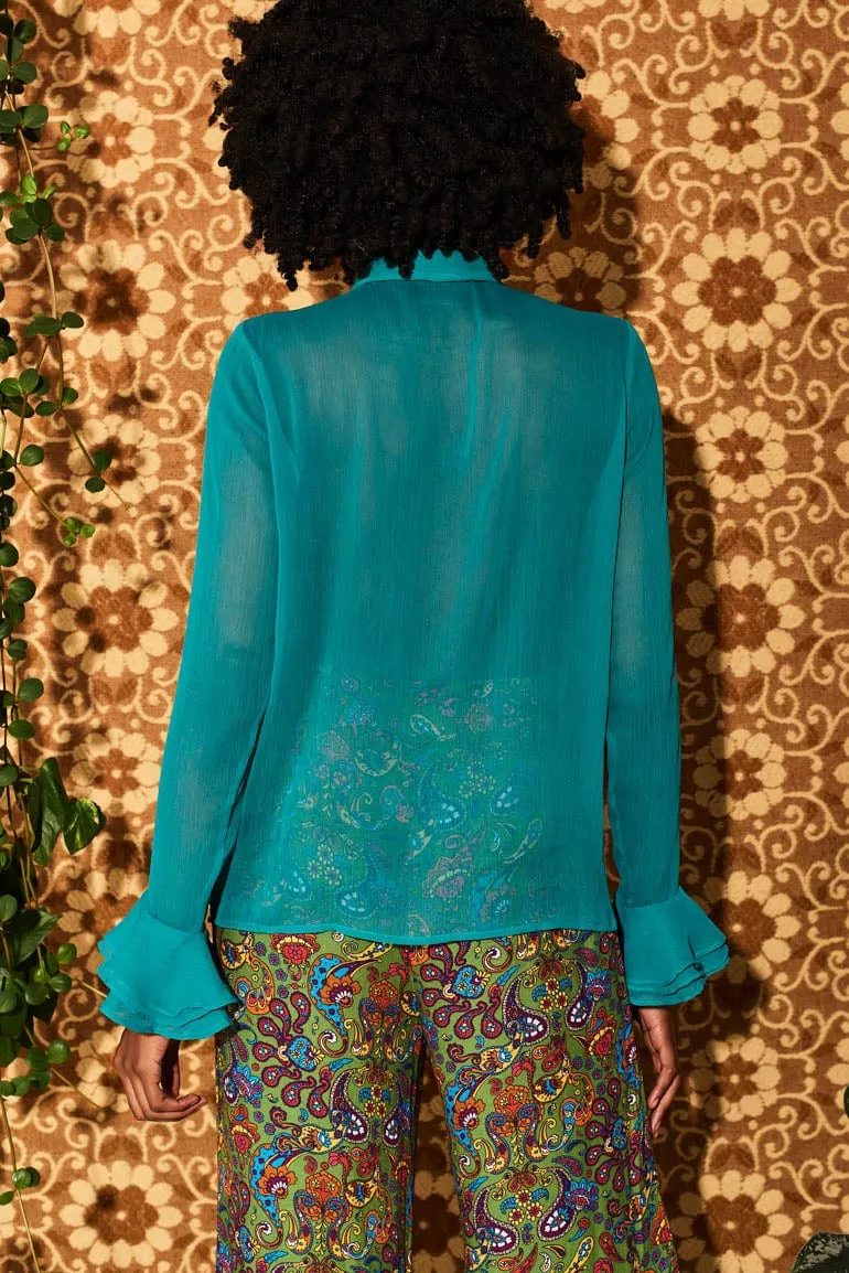 Let The Good Times Roll Teal Ruffle Blouse