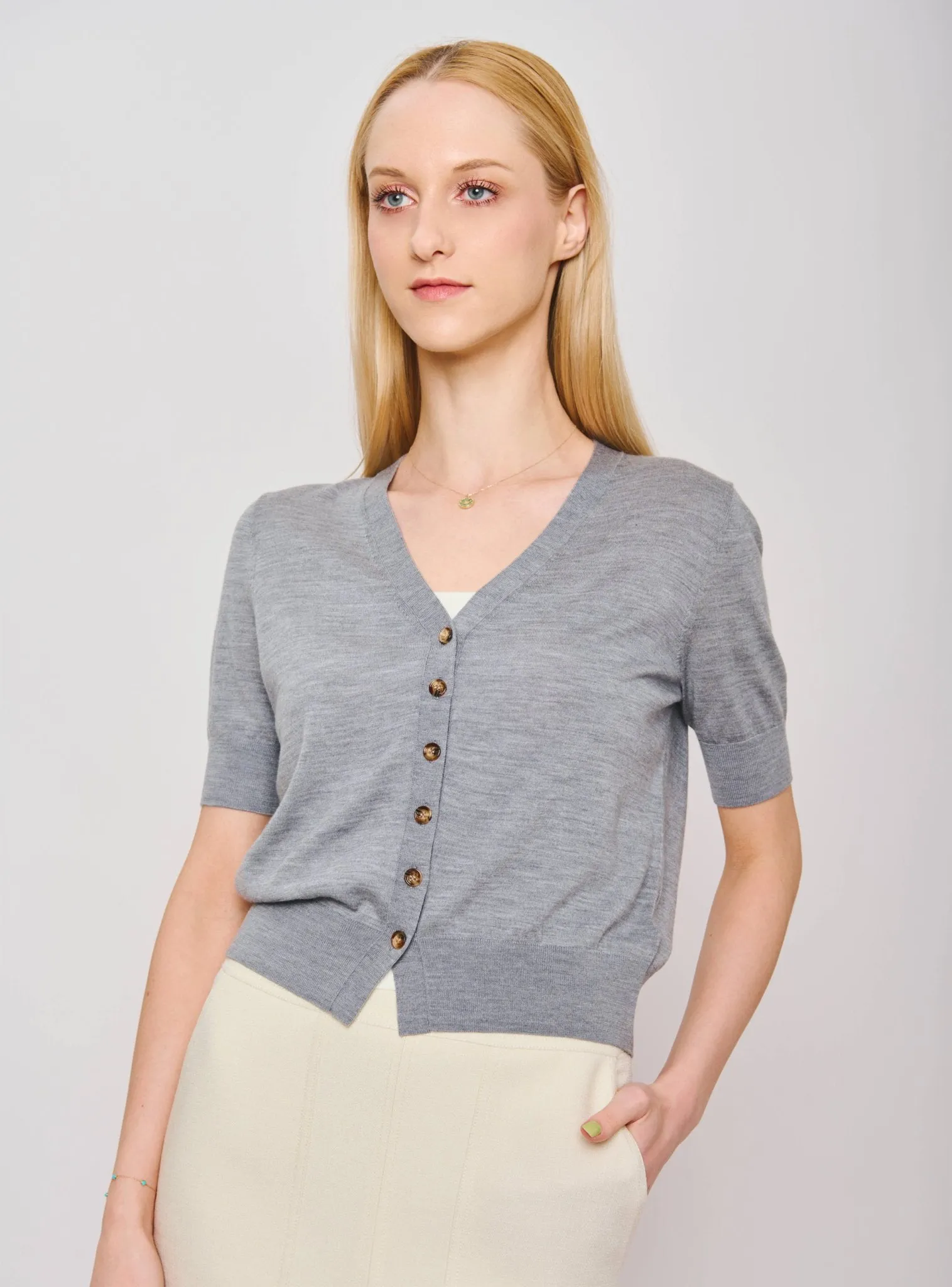 LEX superfine wool short sleeves cardigan (Grey)