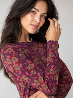 Lily Knit Cotton Long Sleeve Tee Shirt - Cranberry Brown Floral