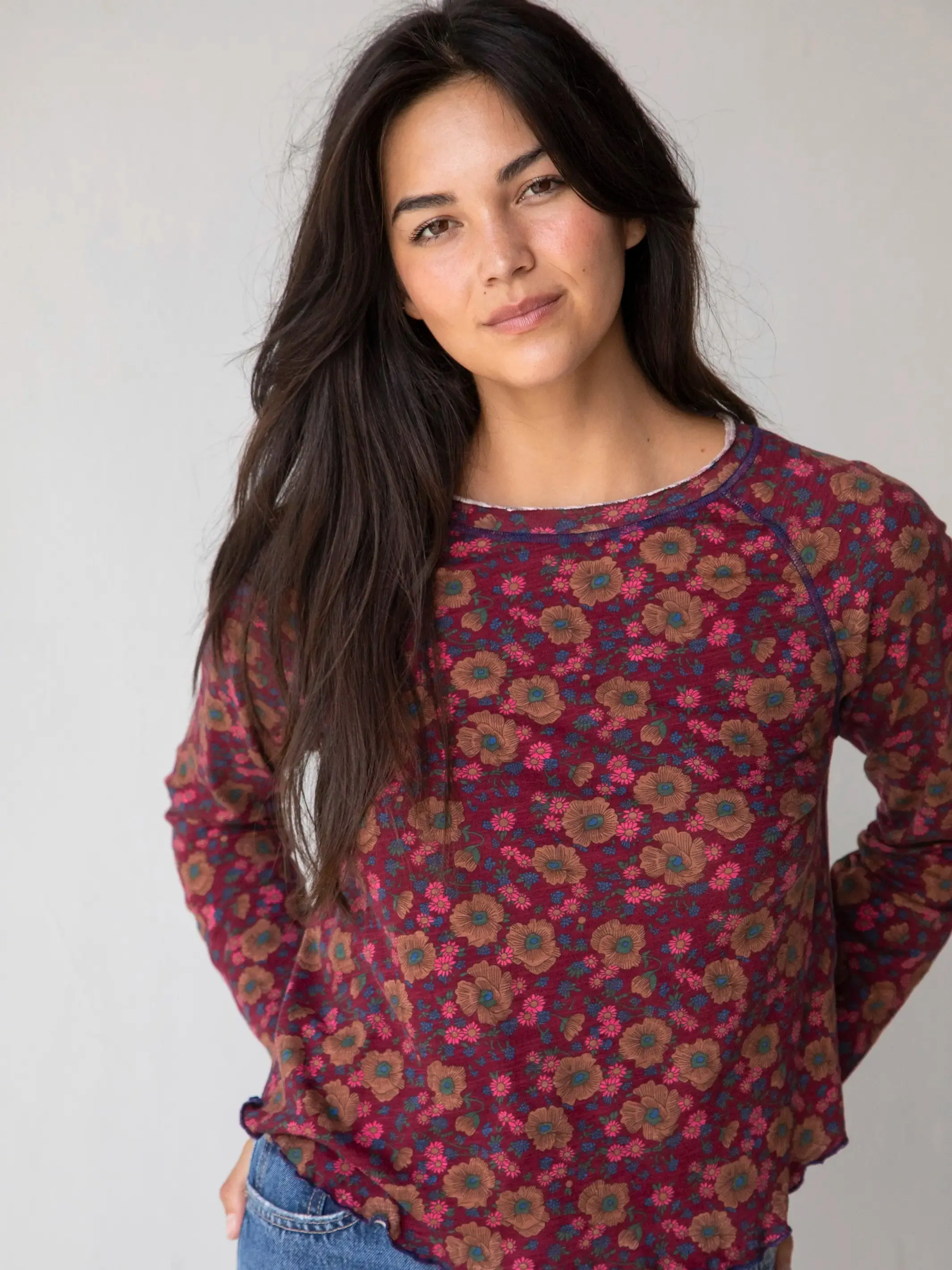 Lily Knit Cotton Long Sleeve Tee Shirt - Cranberry Brown Floral