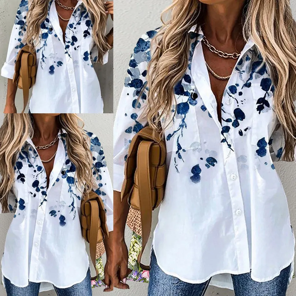 Long Sleeve Floral-Print Shirt Collar Casual Shirts & Tops