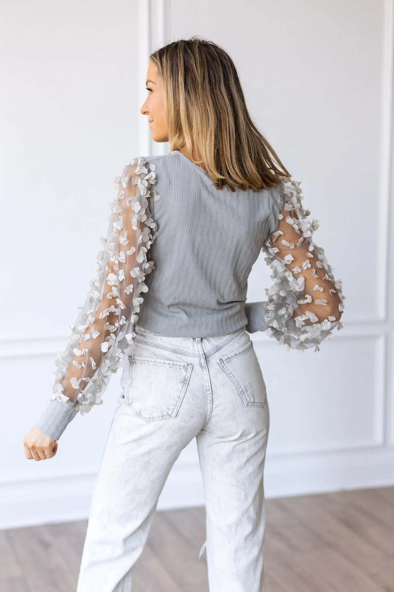 Love Blooms Grey Mesh Sleeve Top