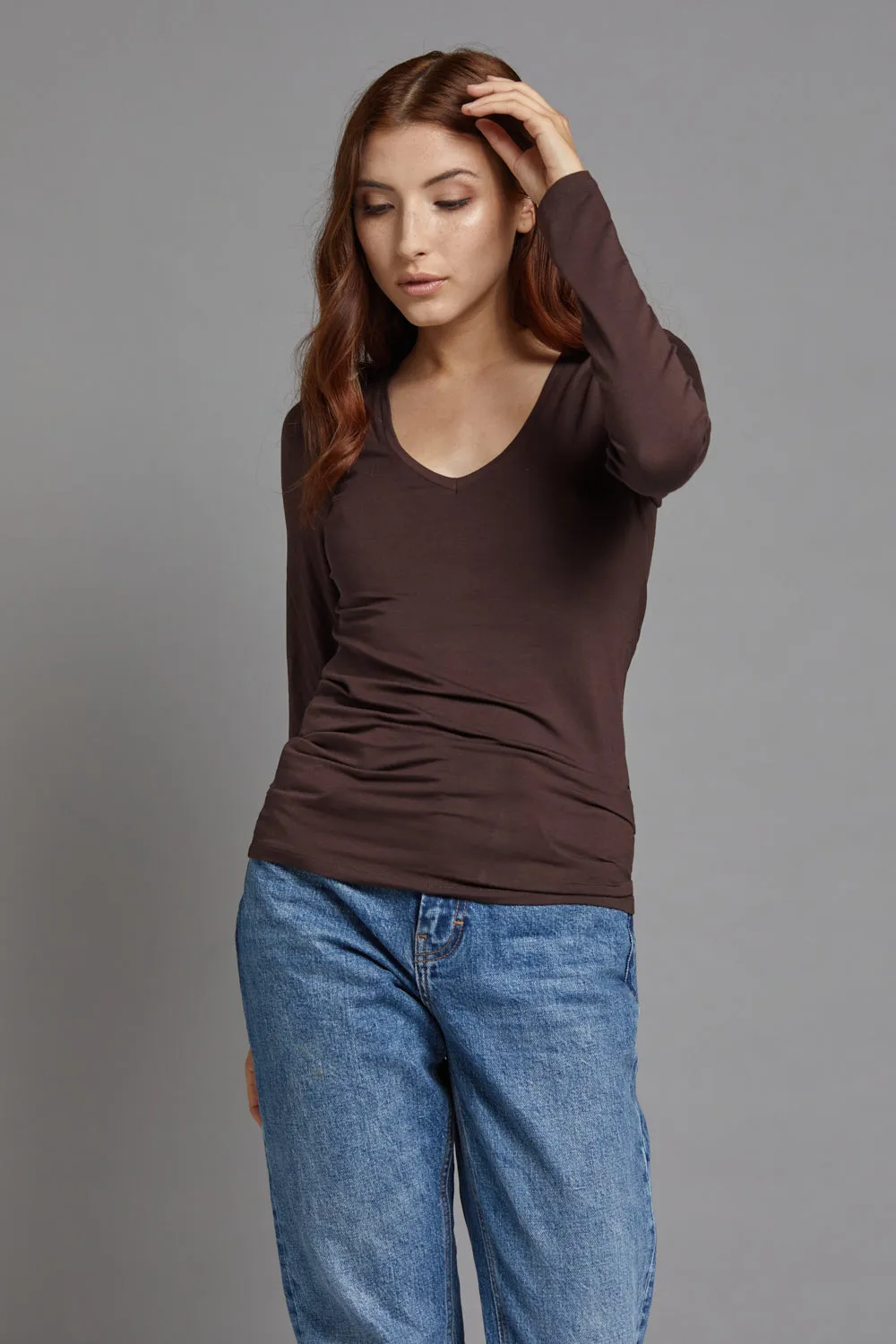 Majestic Long Sleeve Viscose V-Neck Tee in Coffee