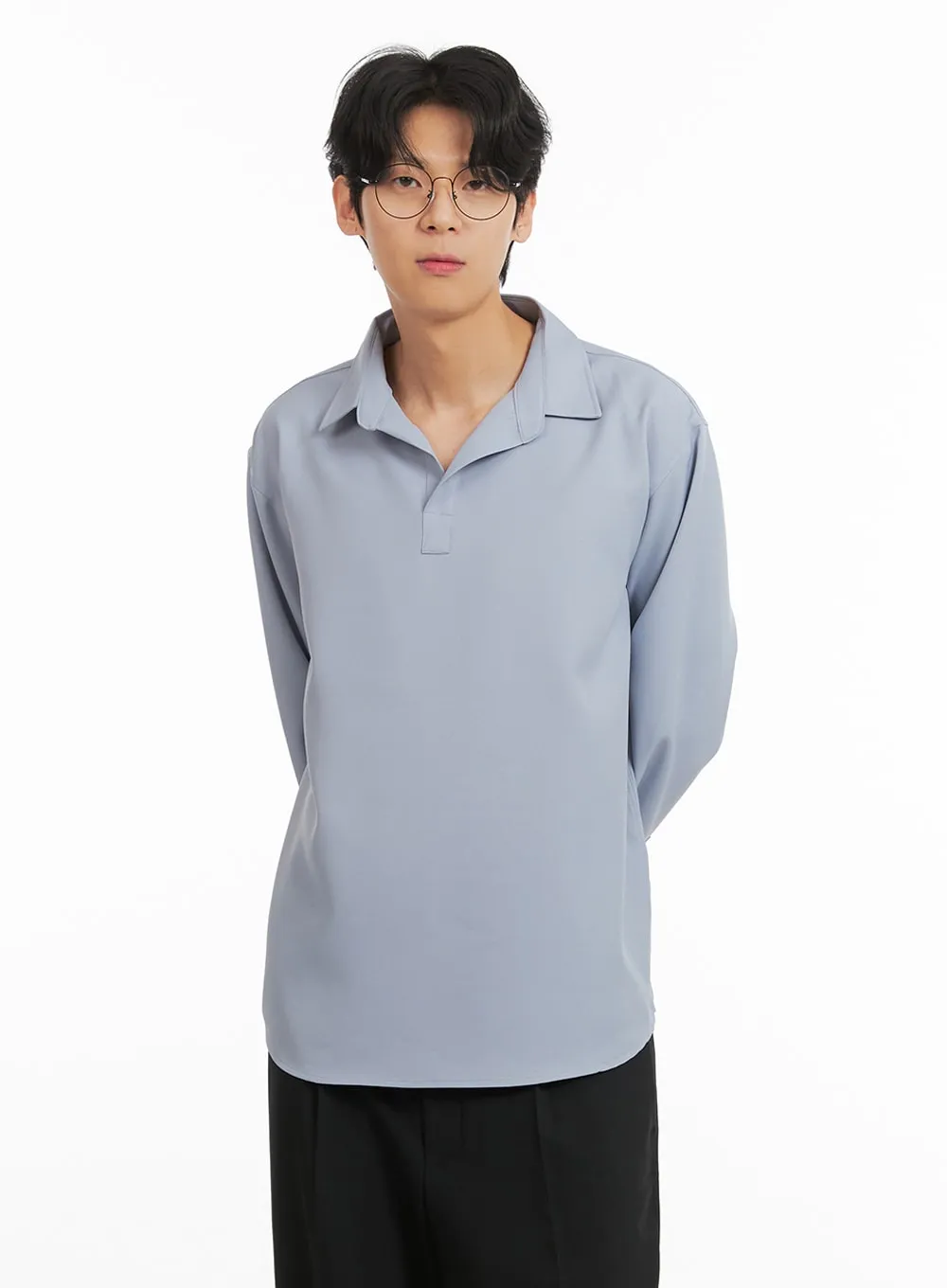 Men's Solid V-Neck Long Sleeve Shirt IA401