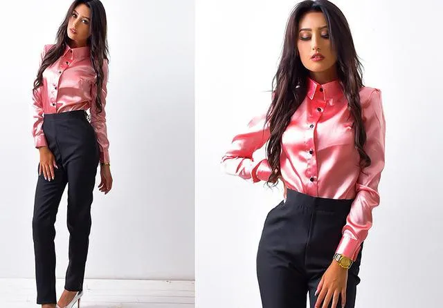 MOARCHO Women silk satin blouse button lapel long sleeve shirts ladies office work elegant female Top high quality blusa