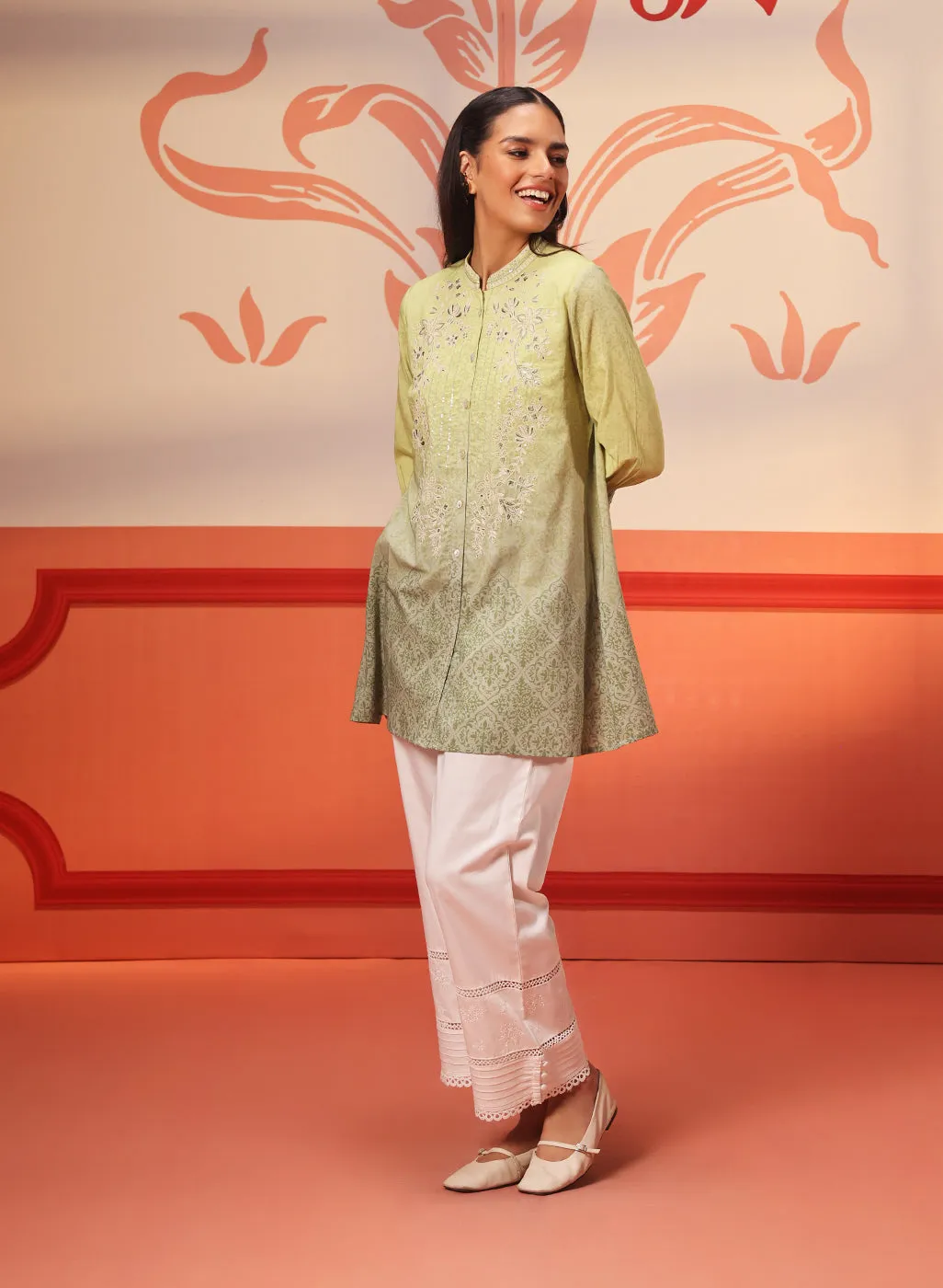 Myra Apple Green Long Printed Cotton Modal Shirt for Women