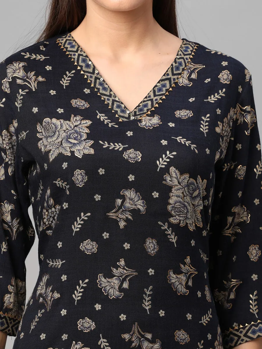 Navy Blue Floral Printed Kurta With Trouser