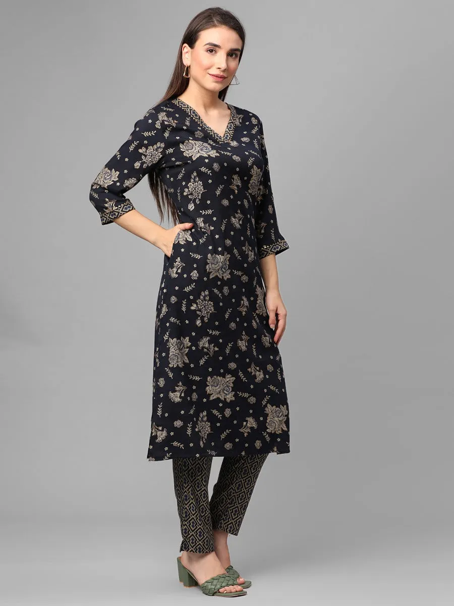 Navy Blue Floral Printed Kurta With Trouser