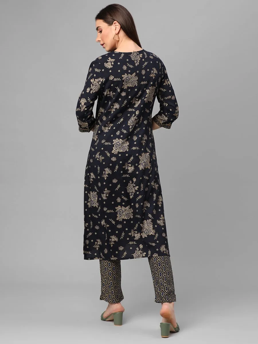 Navy Blue Floral Printed Kurta With Trouser