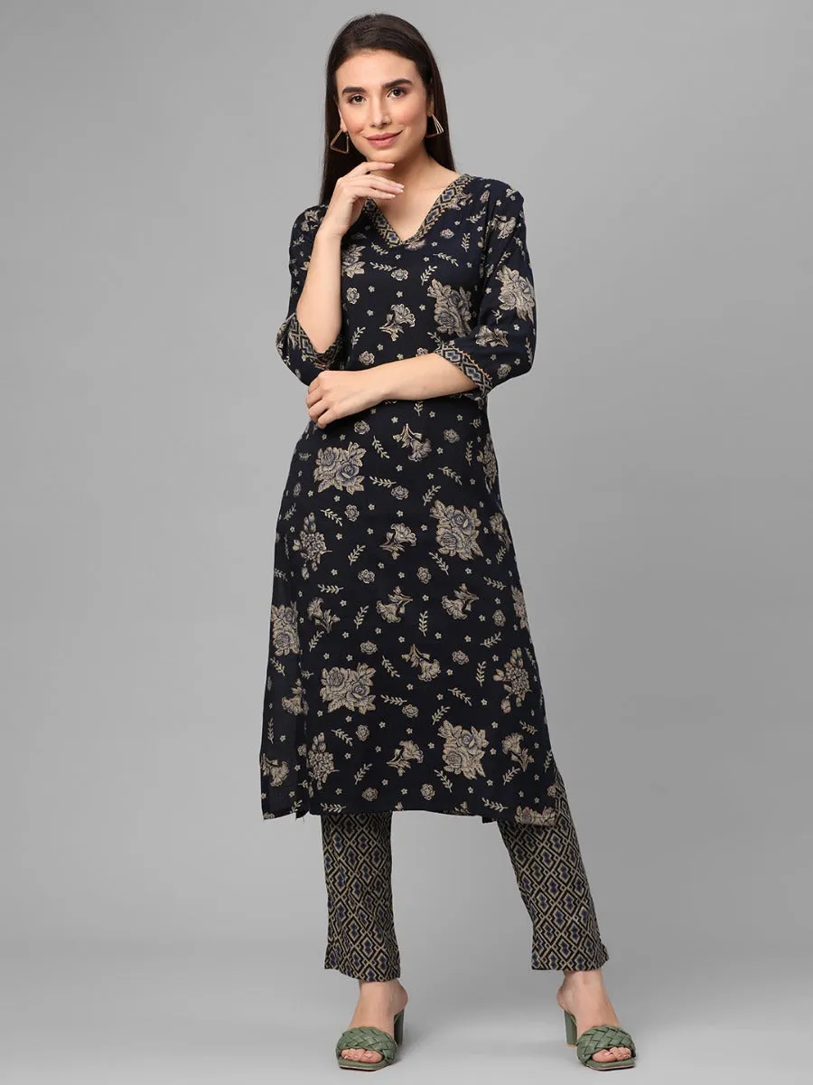 Navy Blue Floral Printed Kurta With Trouser