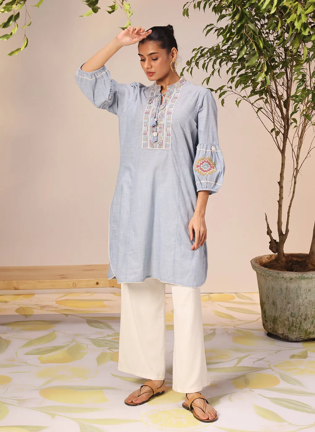 Nighat Blue Chambray Embroidered Kurti for Women