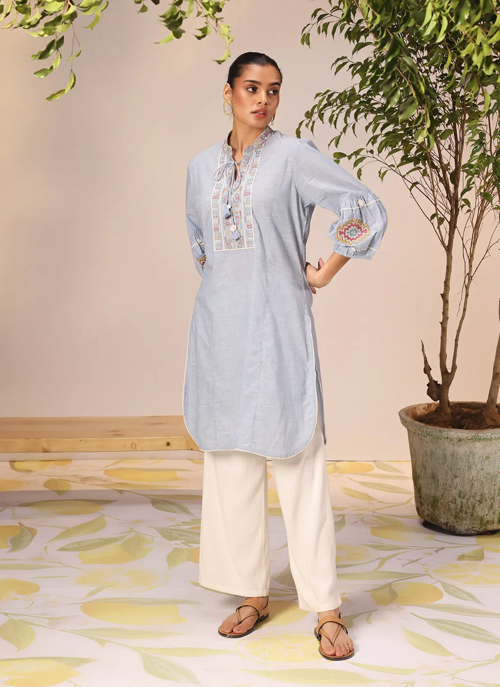 Nighat Blue Chambray Embroidered Kurti for Women