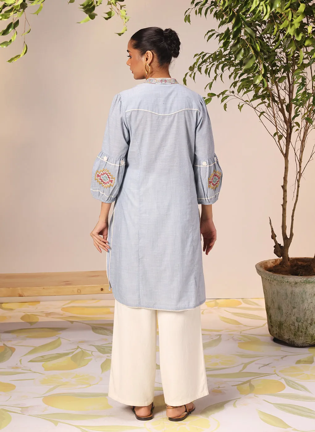 Nighat Blue Chambray Embroidered Kurti for Women