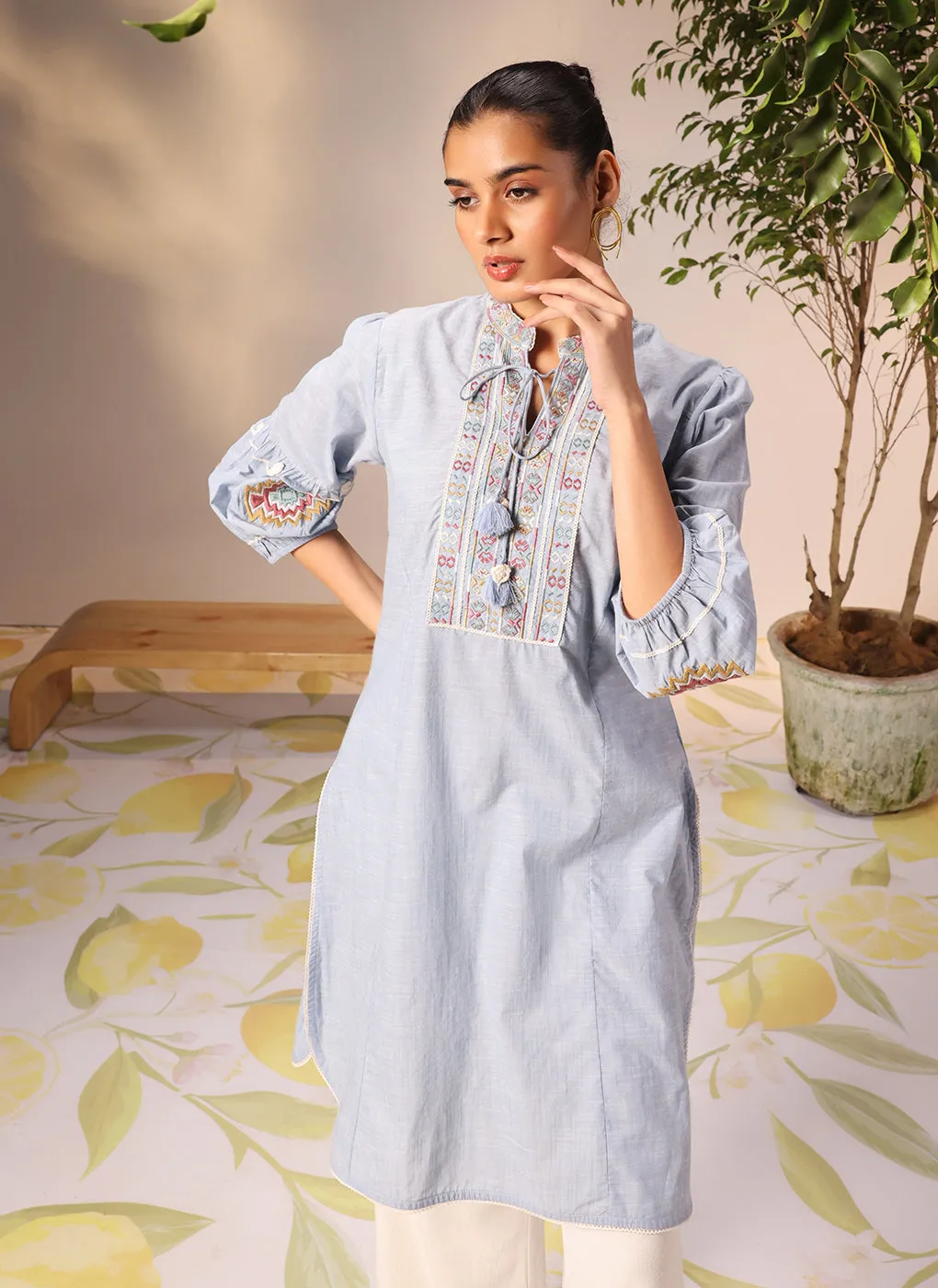 Nighat Blue Chambray Embroidered Kurti for Women